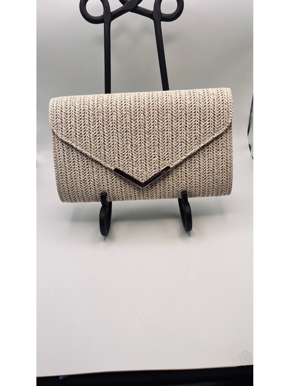New -Woven Raffia Style Envelope Clutch Purse Cream Gold Chain Bridal Summer Bag